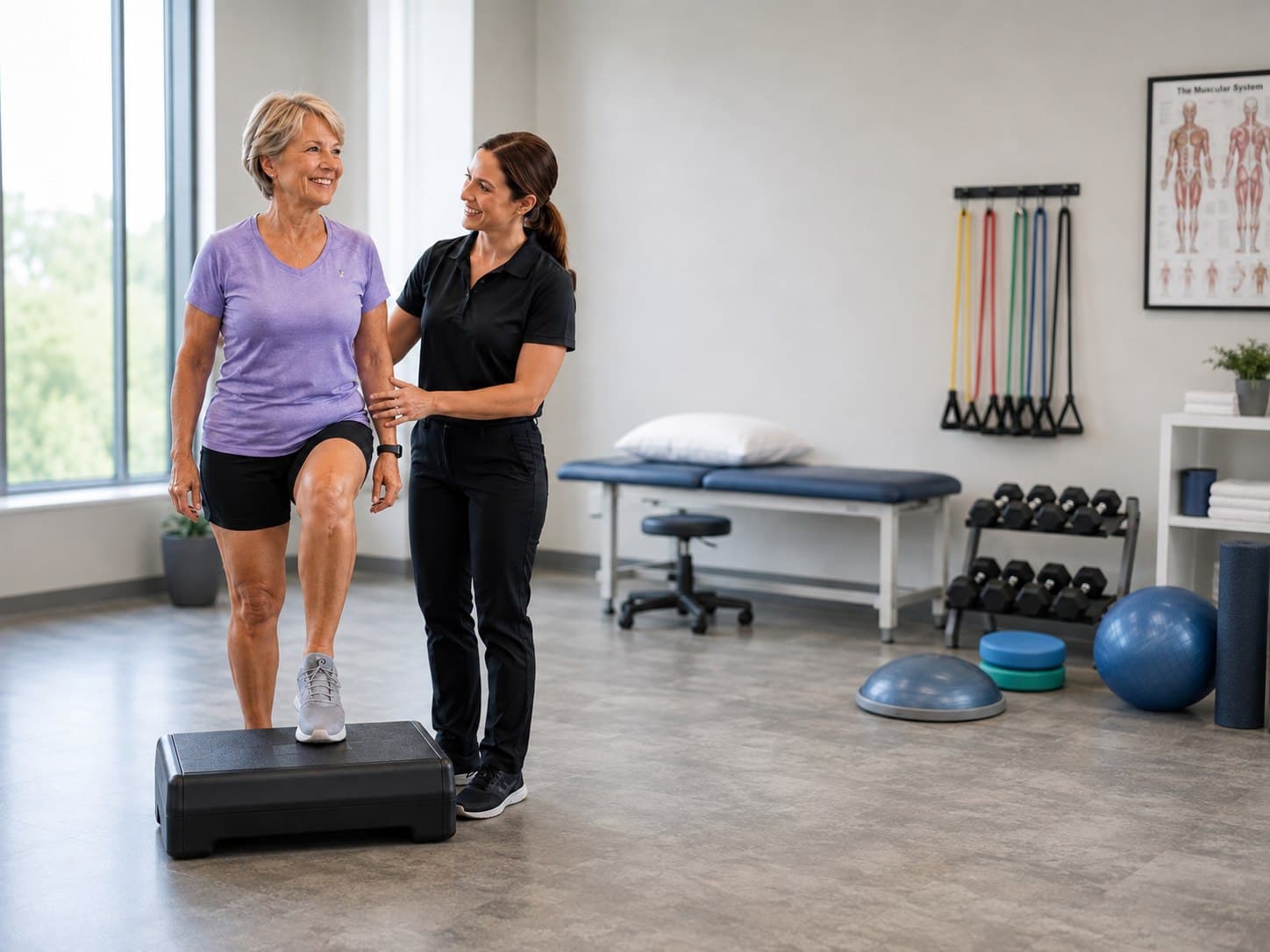A patient working through a step exercise with her physical therapist