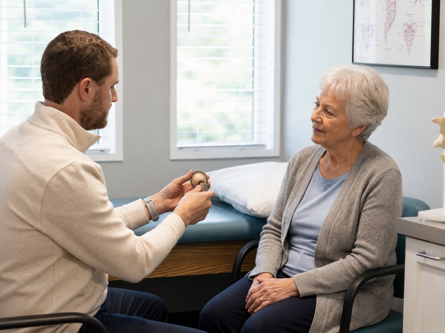 Dr. Seem showing a hip implant component to a patient in the exam room