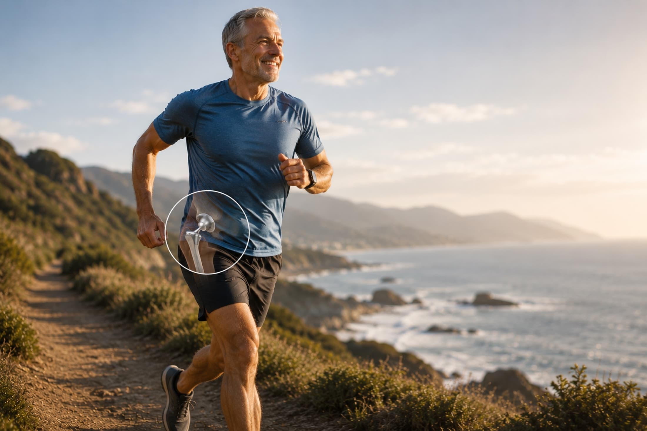 An active patient running along the coast after hip replacement