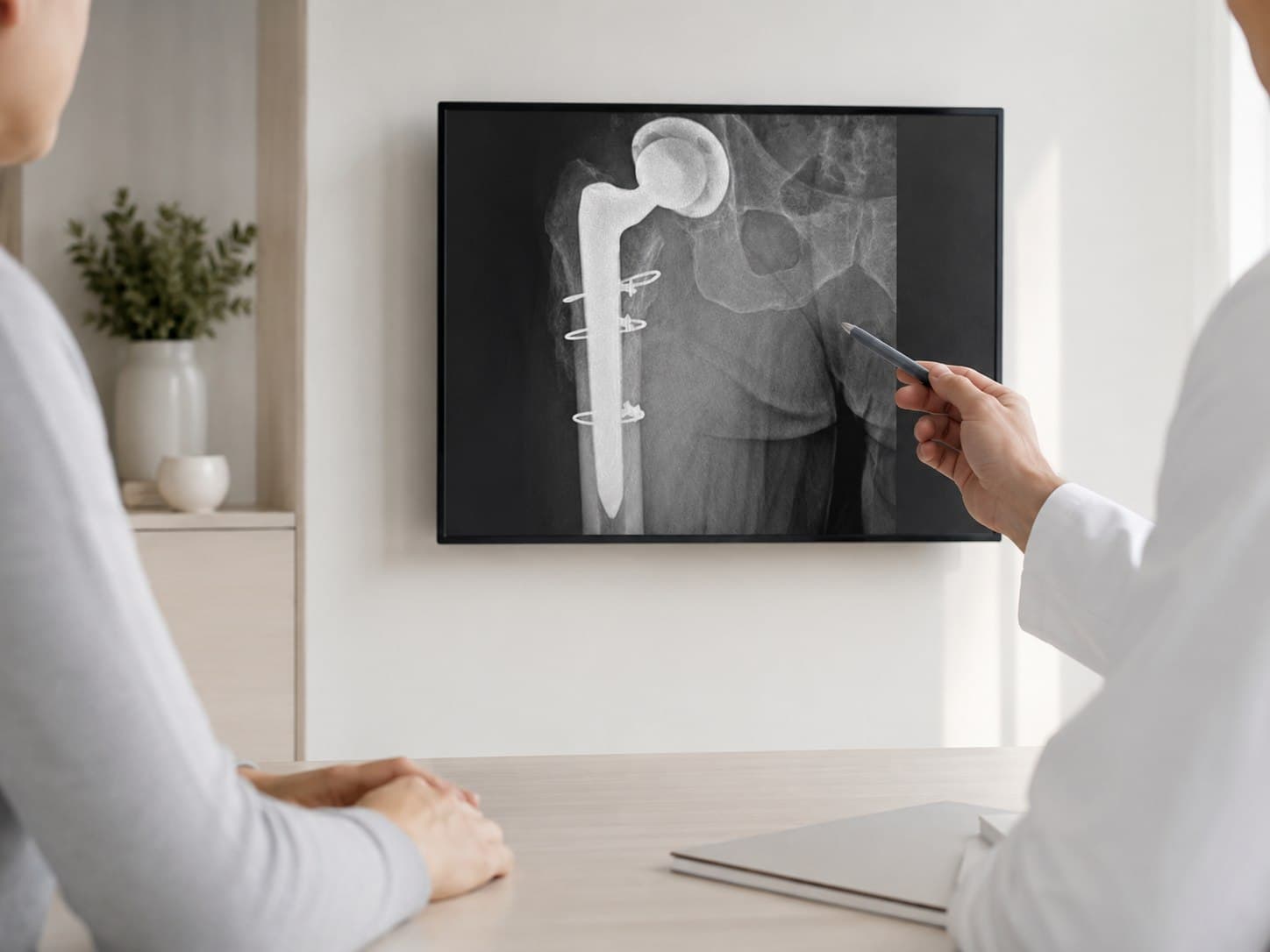 Reviewing a revision hip replacement X-ray together on screen