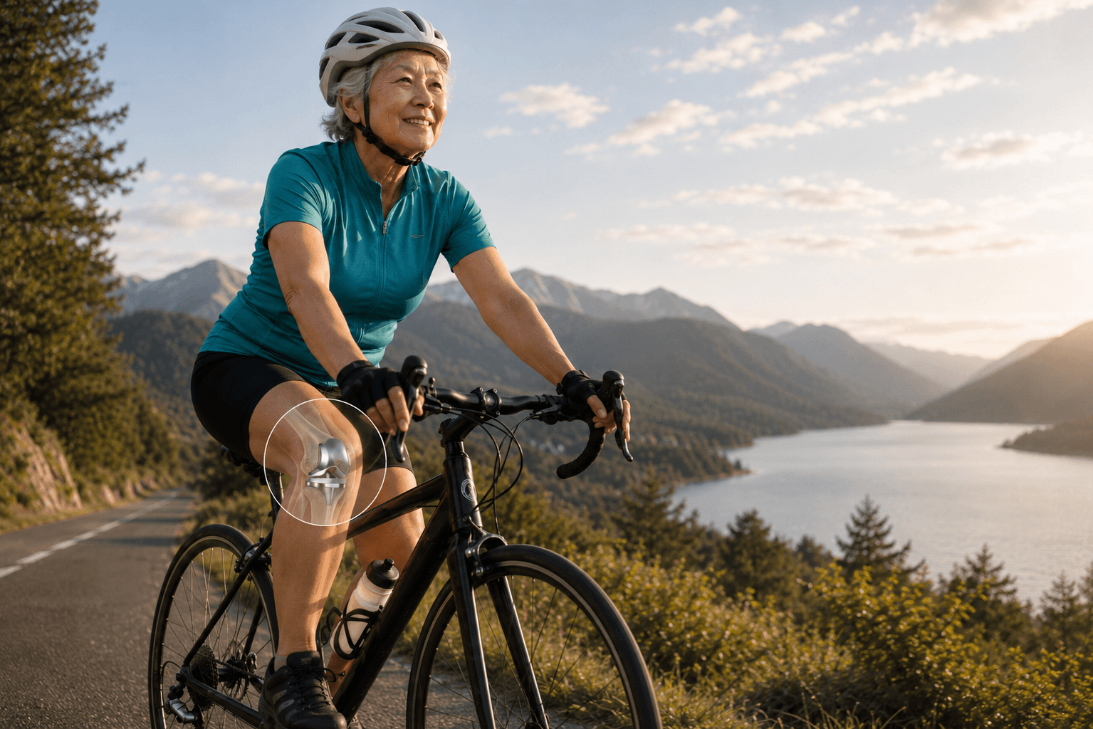 An active patient cycling a mountain road after knee replacement
