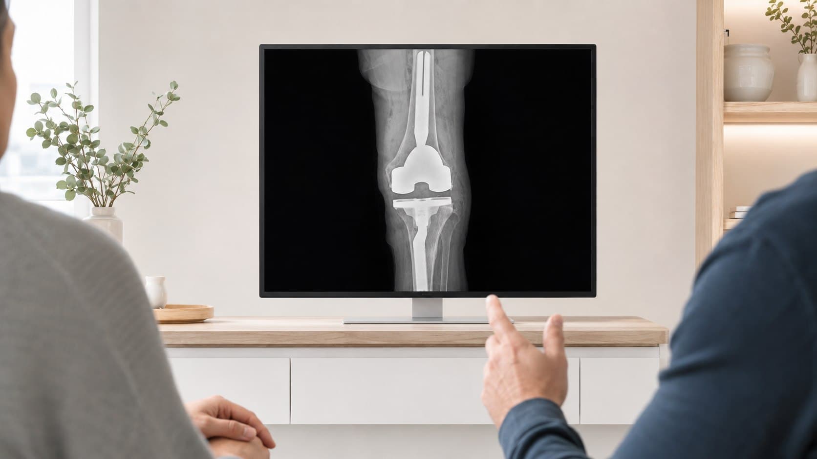 Reviewing a revision knee replacement X-ray together on screen