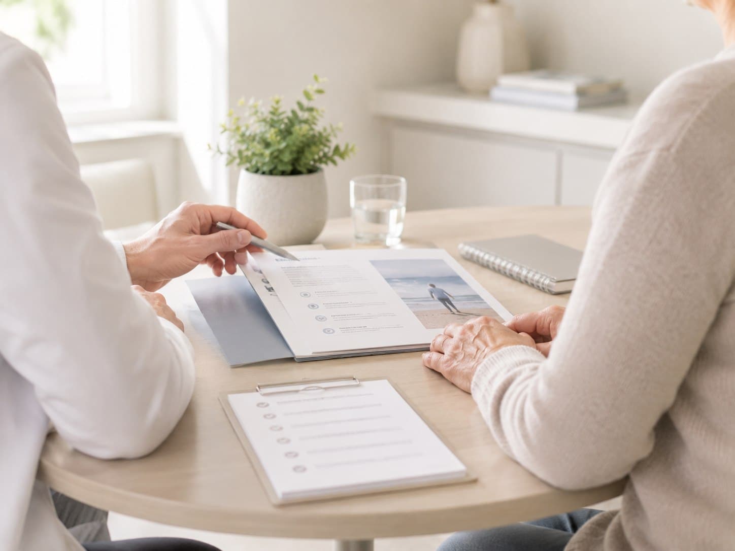 A clinician reviewing printed patient education materials with a patient