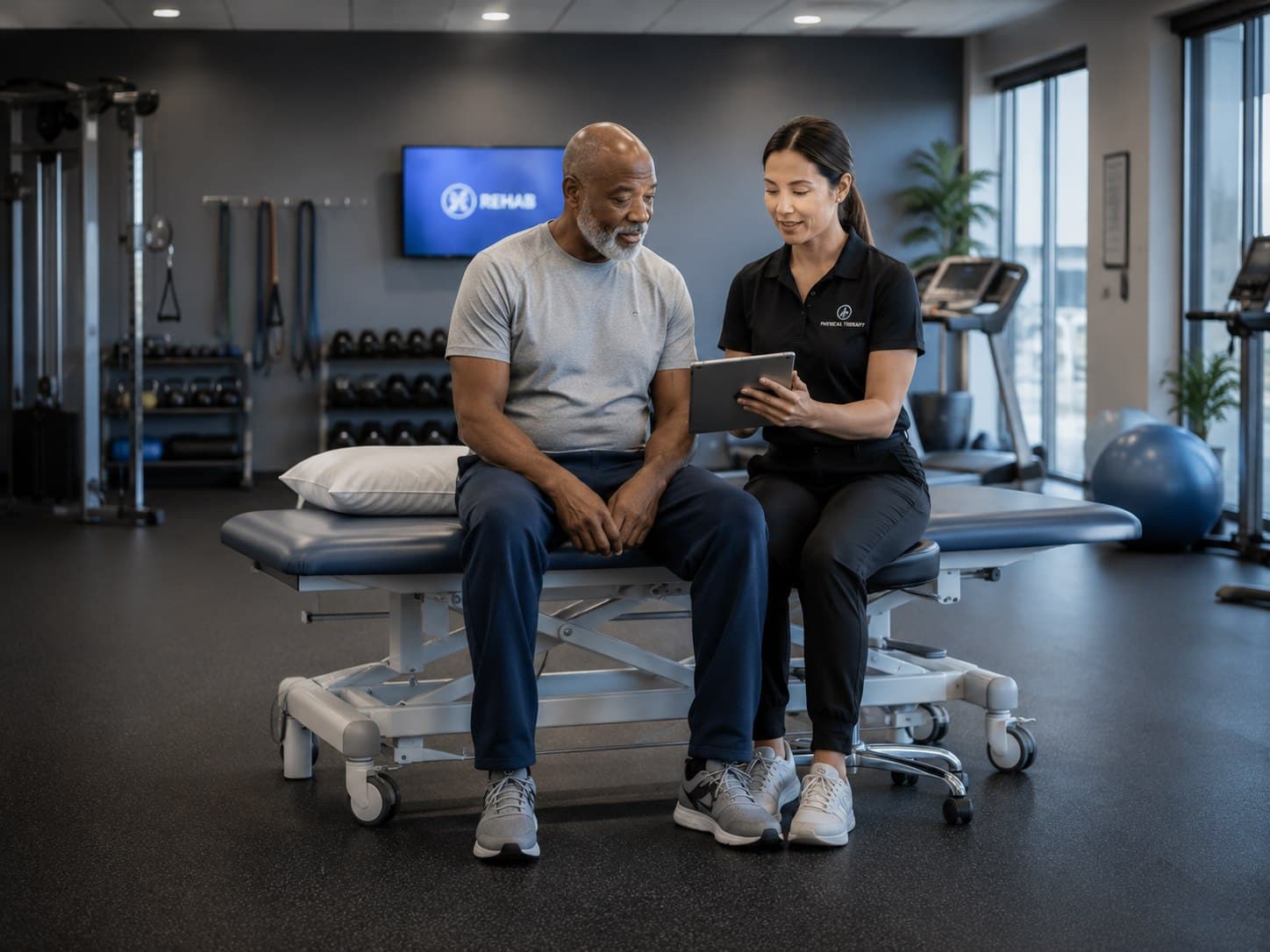 A physical therapist reviewing a recovery plan on a tablet with a patient