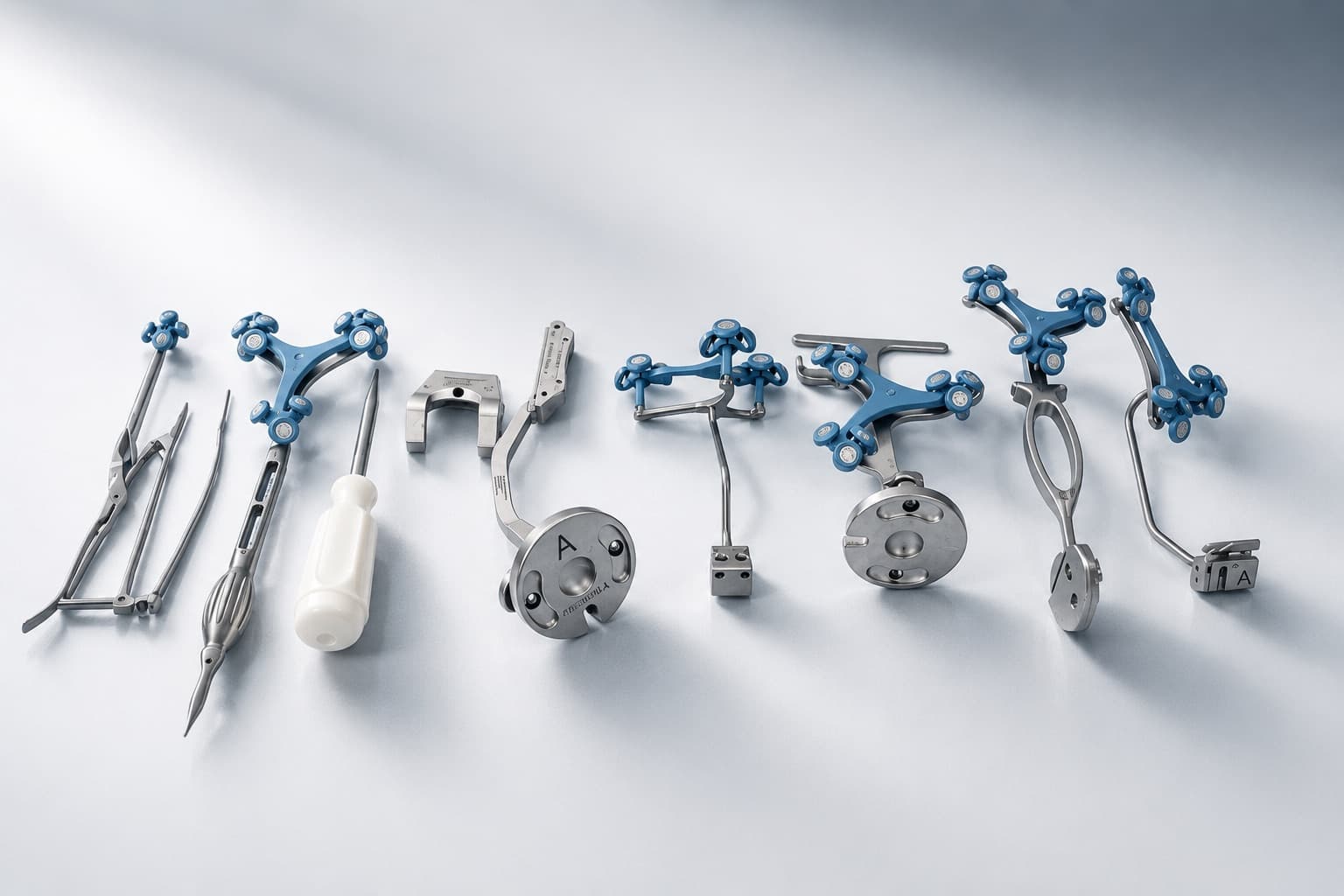 ROSA navigation instruments and tracker arrays laid out for surgery